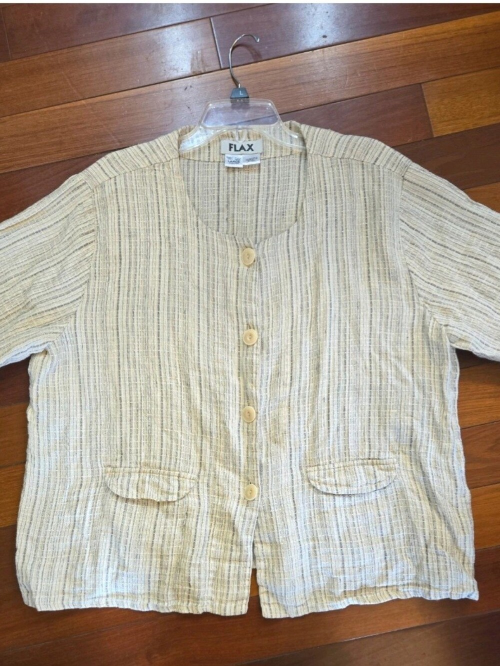 FLAX 100% Linen Open Front Jacket Shirt Relaxed Wms Large Beige Texture Stripe
